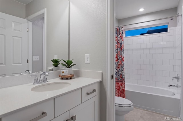 full bathroom with toilet, shower / tub combo with curtain, tile patterned flooring, and vanity