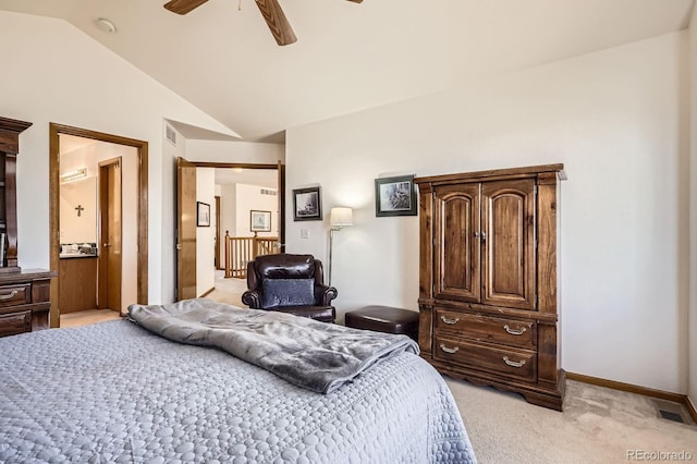 bedroom featuring baseboards, a ceiling fan, light carpet, and lofted ceiling