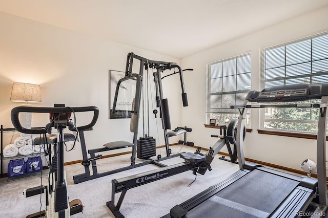exercise area with baseboards and carpet floors
