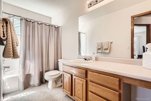 bathroom with toilet, vanity, and shower / bath combo with shower curtain