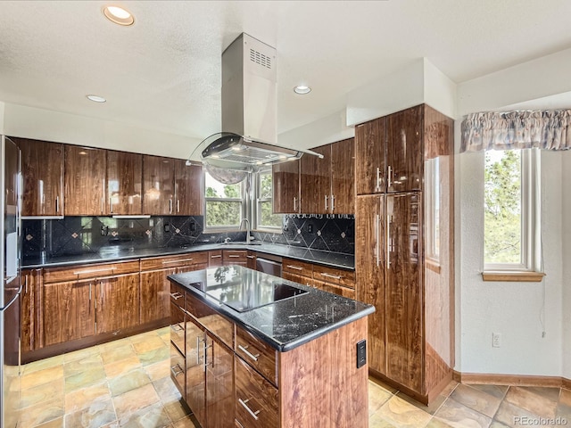 9412 La Quinta Way, Lone Tree, CO 80124 - kitchen with island exhaust hood, black electric cooktop, stainless steel dishwasher, tasteful backsplash, and a center island