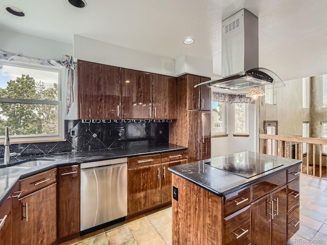 9412 La Quinta Way, Lone Tree, CO 80124 - kitchen with dishwasher, a sink, black electric stovetop, exhaust hood, and backsplash