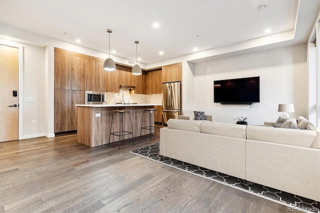 living room with hardwood / wood-style flooring and sink