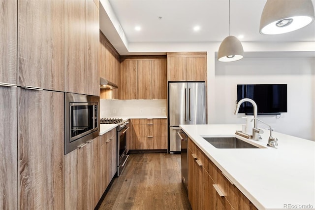 kitchen featuring hanging light fixtures, dark hardwood / wood-style flooring, sink, and high quality appliances