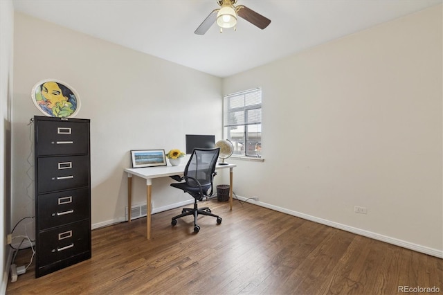 office with hardwood / wood-style flooring and ceiling fan