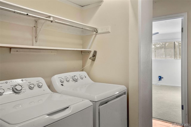 washroom featuring washer and clothes dryer and carpet