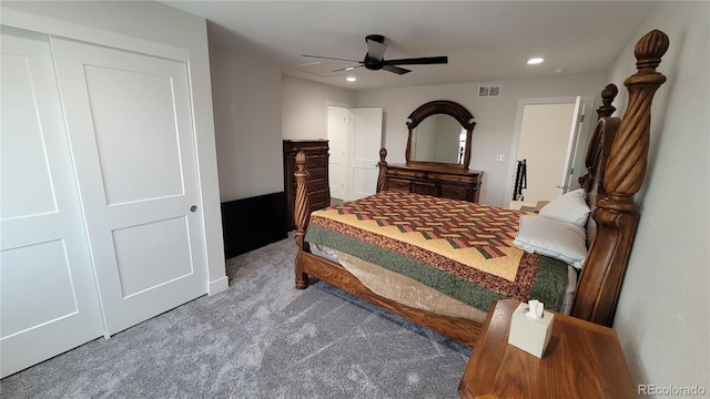 bedroom featuring carpet and ceiling fan