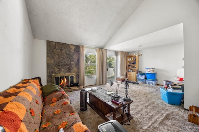 2742 S Xanadu Way, Aurora, CO 80014 - living room featuring carpet, a textured ceiling, a fireplace, lofted ceiling, and a chandelier
