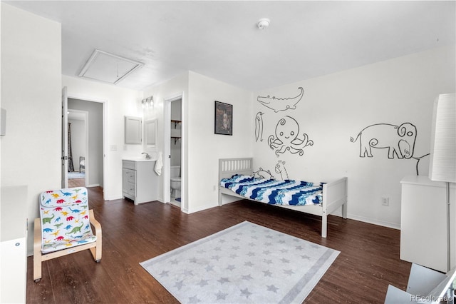 6776 S Independence St, Littleton, CO 80128 - bedroom with a sink, attic access, dark wood-style flooring, and baseboards