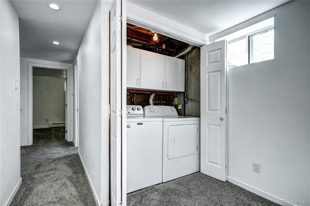 7704 Newland St, Arvada, CO 80003 - washroom with washing machine and clothes dryer, cabinet space, dark colored carpet, and recessed lighting