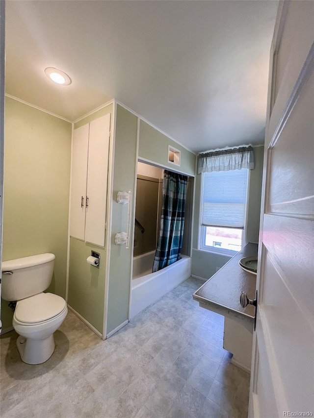 full bathroom with vanity, toilet, and shower / tub combo with curtain