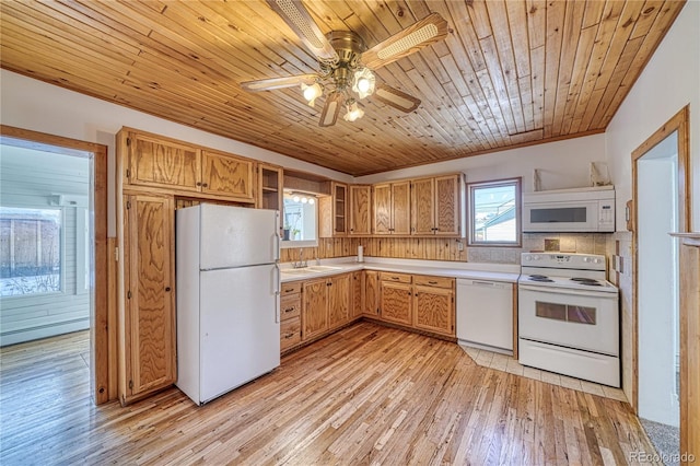 kitchen with ceiling fan, light hardwood / wood-style flooring, wood ceiling, and white appliances