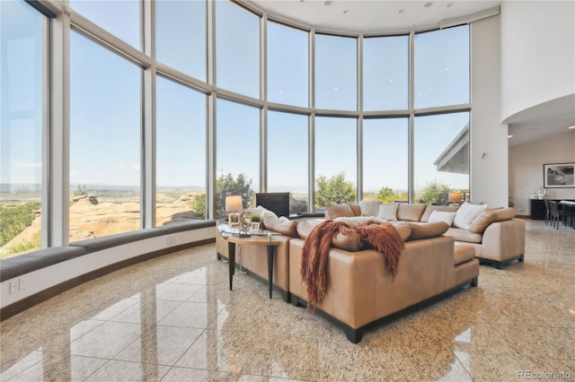 living room with a high ceiling