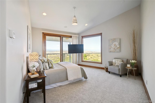 bedroom featuring carpet floors and lofted ceiling