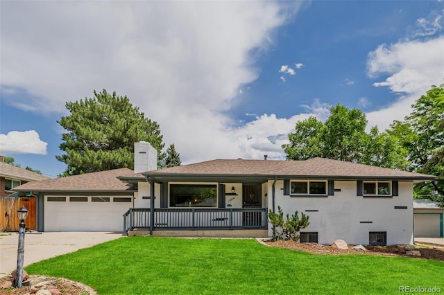 6994 Teller Ct, Arvada, CO 80003 - ranch-style house featuring a porch, a chimney, an attached garage, concrete driveway, and a shingled roof