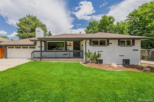 6994 Teller Ct, Arvada, CO 80003 - ranch-style house with a front yard, covered porch, driveway, and a chimney