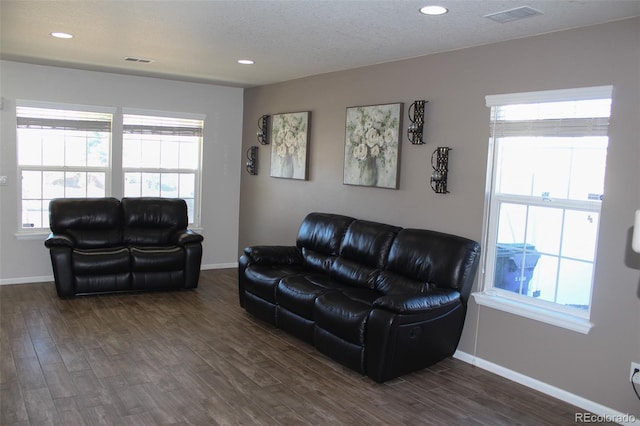 living room featuring dark hardwood / wood-style flooring and a textured ceiling