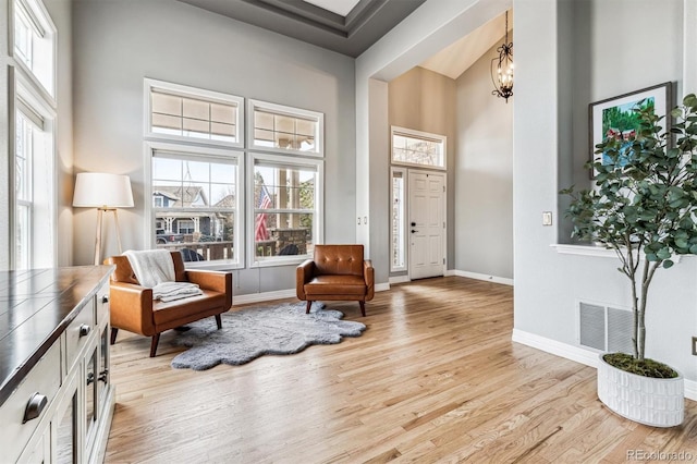 living area featuring a towering ceiling, light hardwood / wood-style flooring, and a healthy amount of sunlight