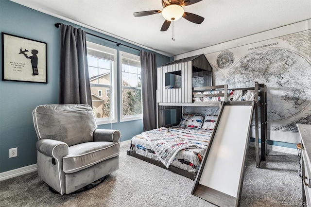 bedroom with ceiling fan and carpet flooring