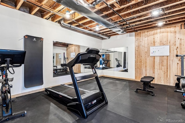 exercise room with wooden walls