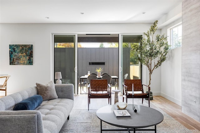 living room featuring light hardwood / wood-style flooring and a tile fireplace