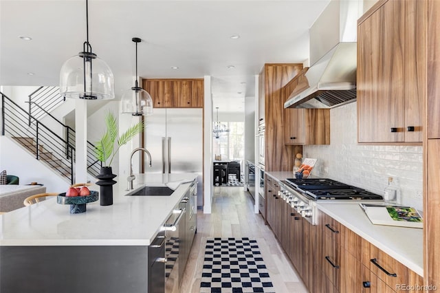 kitchen with sink, ventilation hood, an island with sink, and light hardwood / wood-style flooring