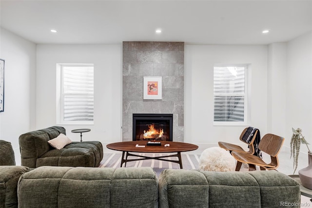 3362 W 32nd Ave, Denver, CO 80211 - living area with recessed lighting, a tiled fireplace, and wood finished floors