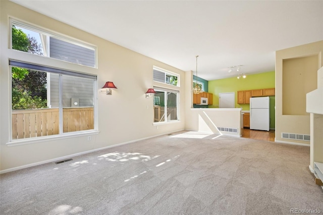 10231 Spotted Owl Ave, Highlands Ranch, CO 80129 - unfurnished living room featuring healthy amount of natural light, carpet floors, and track lighting