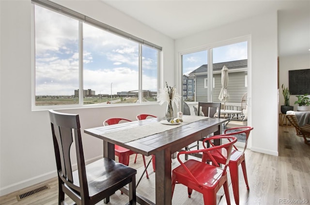 dining space featuring visible vents, light wood finished floors, and baseboards