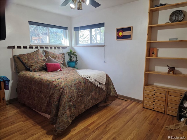 12375 W 19th Pl, Lakewood, CO 80215 - bedroom with wood finished floors, multiple windows, baseboards, and ceiling fan