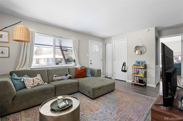 living room with dark wood-type flooring