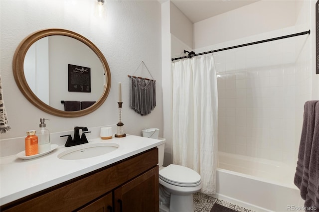 full bathroom featuring shower / bath combo, vanity, and toilet