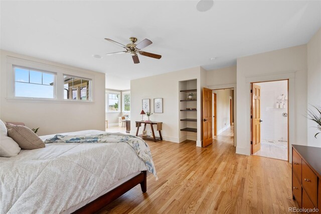 bedroom with baseboards, a ceiling fan, and light wood-type flooring