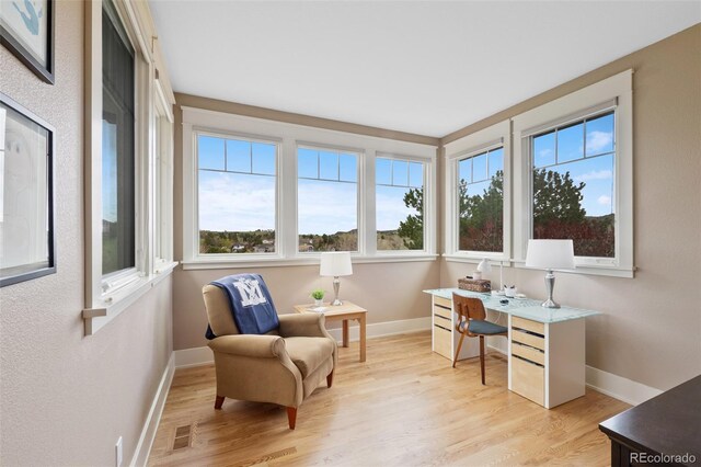 home office featuring baseboards, visible vents, and light wood-style floors
