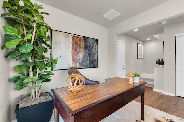 46534 Avery Ln, Bennett, CO 80102 - office area featuring wood finished floors, baseboards, and recessed lighting