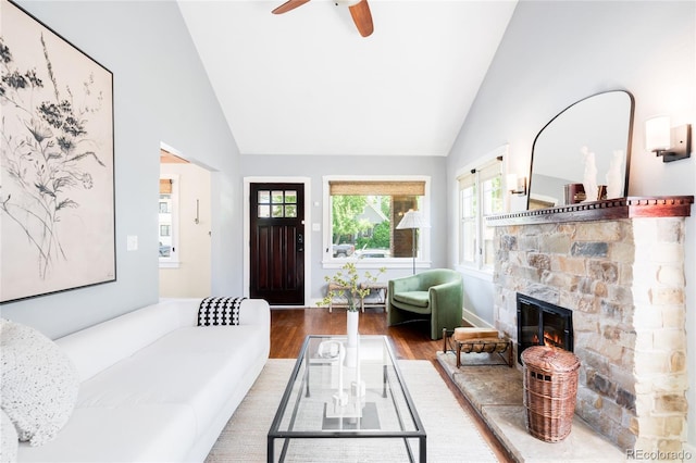 315 S Franklin St, Denver, CO 80209 - living area with lofted ceiling, wood finished floors, a stone fireplace, and ceiling fan