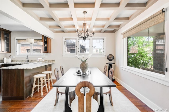 315 S Franklin St, Denver, CO 80209 - dining room featuring dark wood finished floors, healthy amount of natural light, a chandelier, beam ceiling, and coffered ceiling