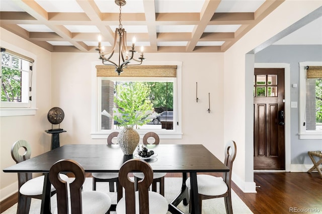 315 S Franklin St, Denver, CO 80209 - dining space with a chandelier, dark wood-style floors, baseboards, beam ceiling, and coffered ceiling