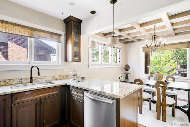 315 S Franklin St, Denver, CO 80209 - kitchen featuring a sink, stainless steel dishwasher, dark brown cabinets, beam ceiling, and glass insert cabinets