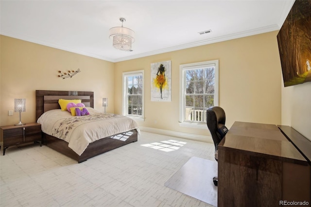 bedroom featuring light colored carpet and crown molding