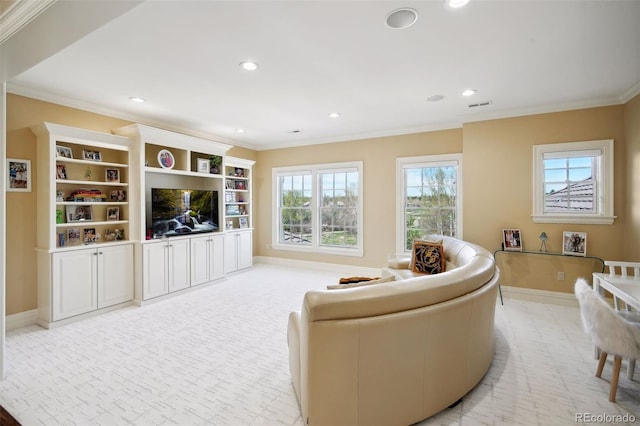 carpeted living room featuring ornamental molding