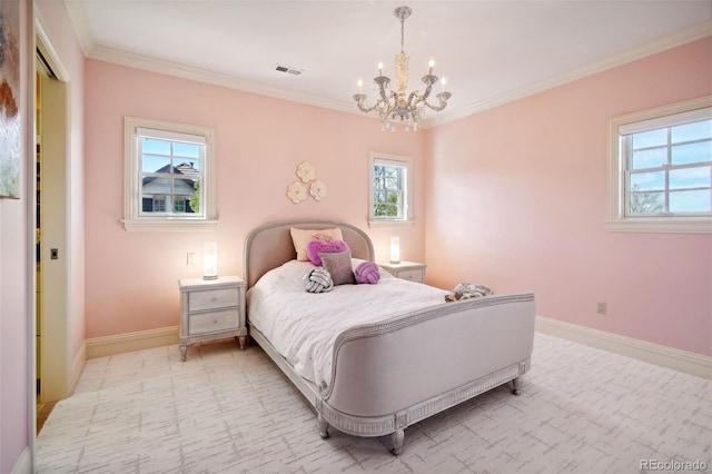 carpeted bedroom featuring a chandelier, multiple windows, and ornamental molding