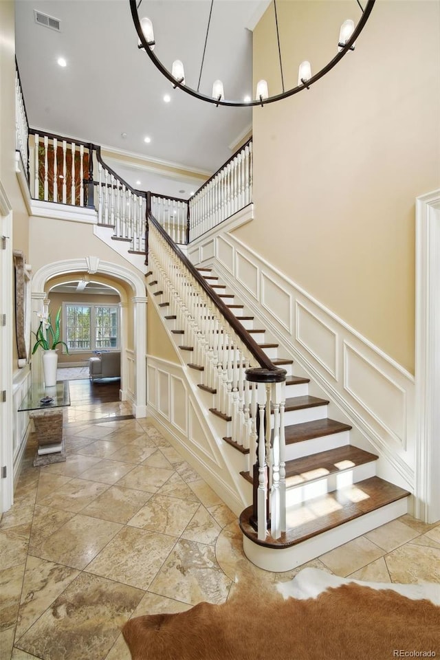 stairs with a towering ceiling