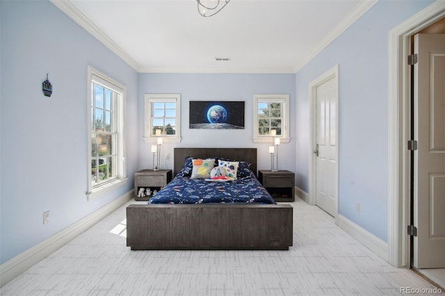 bedroom with ornamental molding