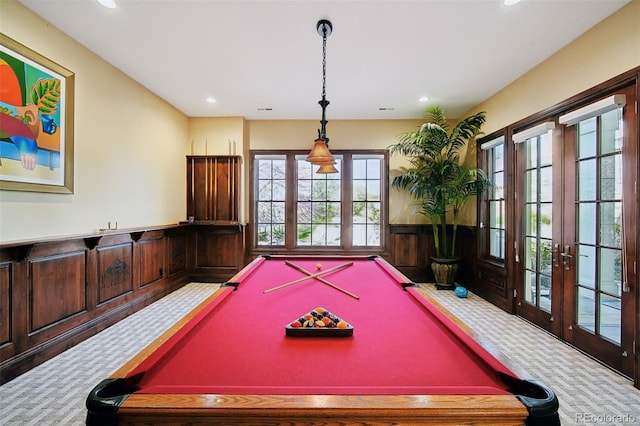 recreation room featuring billiards, french doors, and carpet