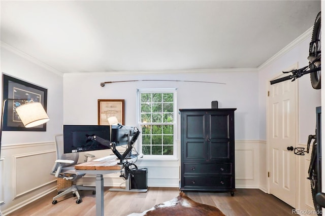 office space with hardwood / wood-style floors and ornamental molding