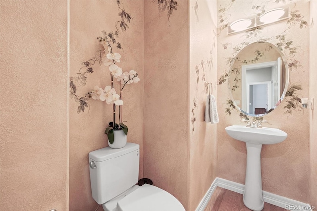 bathroom with wood-type flooring, toilet, and sink