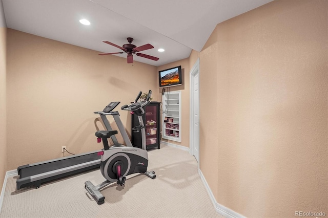 exercise area featuring ceiling fan and carpet floors