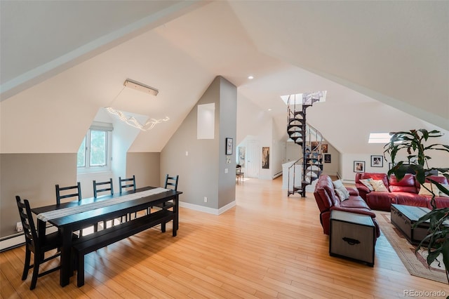 1165 N Pennsylvania St Unit 3B, Denver, CO 80203 - dining area featuring lofted ceiling, light wood finished floors, stairway, and baseboards