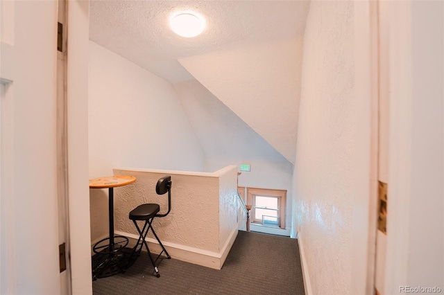 1165 N Pennsylvania St Unit 3B, Denver, CO 80203 - stairway featuring carpet flooring, a textured wall, lofted ceiling, a textured ceiling, and baseboards